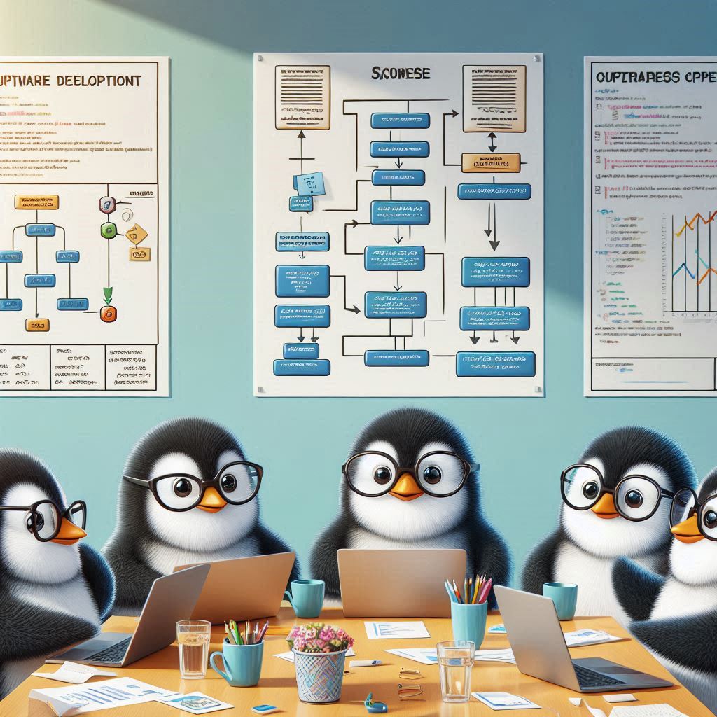 Five Penguins doing agile Python programming