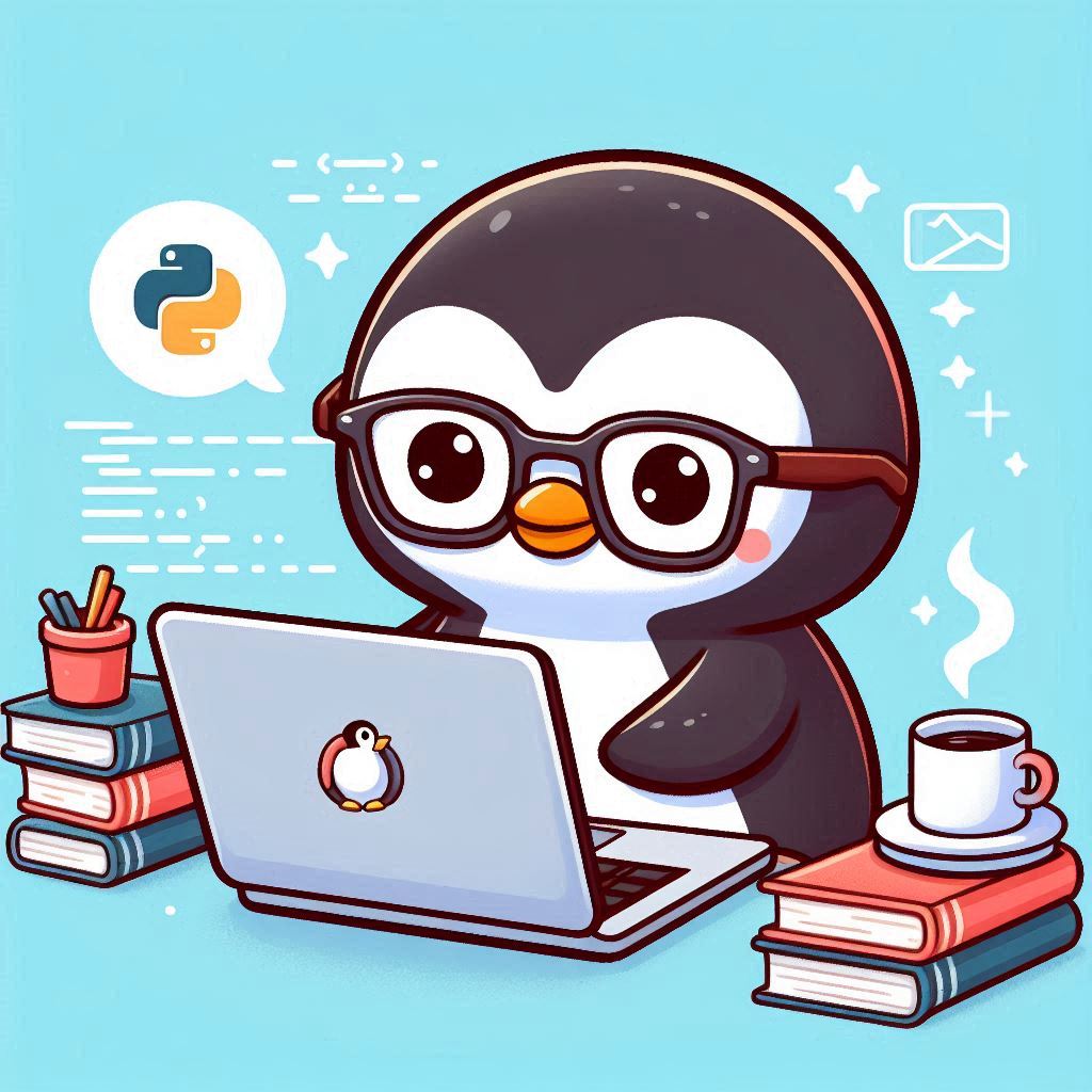 A penguin working on his laptop drinking espresso
