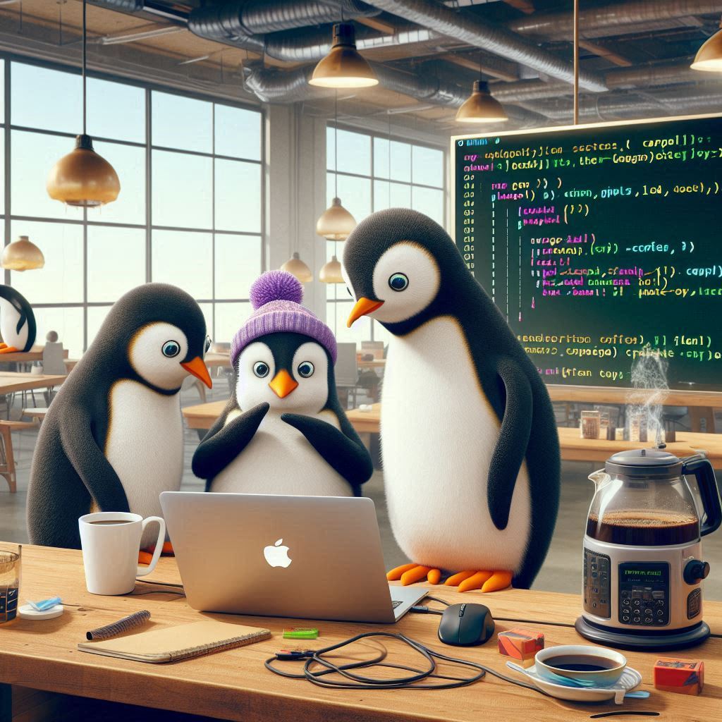 Penguins looking at Python code on a Macbook running Linux