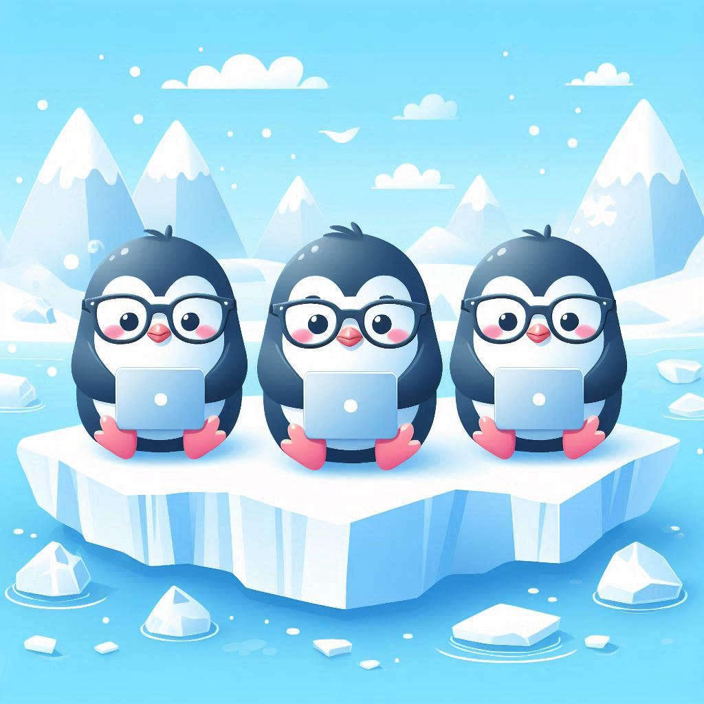 Three penguins with laptops and glasses on an iceberg working on a Python application to track herring